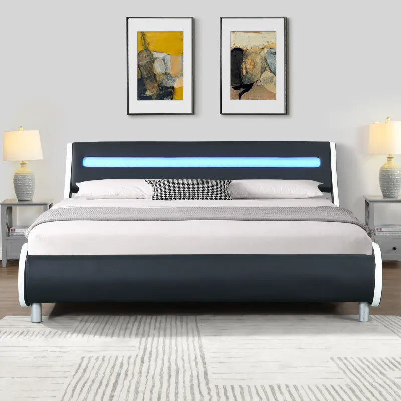 Luxury Bed Frame Queen Size,Faux Leather Upholstered Platform Bed Frame with led lighting , Curve Design, Wood Slat Support,for bedroom furniture ShopOnlyDeal