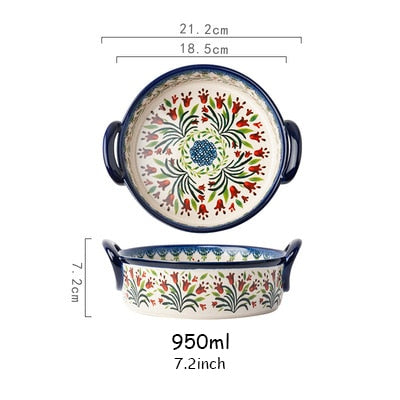 Retro Ceramic Bakeware Household Hand Painted Salad Plate Rice Bowl Binaural Baking Pan Kitchen Tableware Single Handle Bowl ShopOnlyDeal