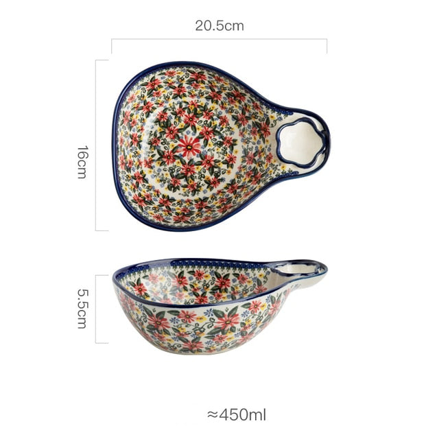 Retro Ceramic Bakeware Household Hand Painted Salad Plate Rice Bowl Binaural Baking Pan Kitchen Tableware Single Handle Bowl ShopOnlyDeal