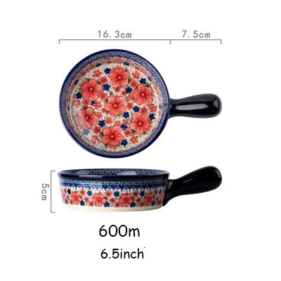 Retro Ceramic Bakeware Household Hand Painted Salad Plate Rice Bowl Binaural Baking Pan Kitchen Tableware Single Handle Bowl ShopOnlyDeal