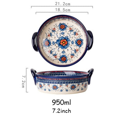 Retro Ceramic Bakeware Household Hand Painted Salad Plate Rice Bowl Binaural Baking Pan Kitchen Tableware Single Handle Bowl ShopOnlyDeal