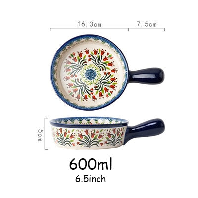 Retro Ceramic Bakeware Household Hand Painted Salad Plate Rice Bowl Binaural Baking Pan Kitchen Tableware Single Handle Bowl ShopOnlyDeal