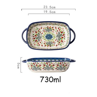 Retro Ceramic Bakeware Household Hand Painted Salad Plate Rice Bowl Binaural Baking Pan Kitchen Tableware Single Handle Bowl ShopOnlyDeal