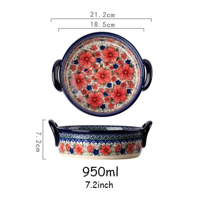 Retro Ceramic Bakeware Household Hand Painted Salad Plate Rice Bowl Binaural Baking Pan Kitchen Tableware Single Handle Bowl ShopOnlyDeal