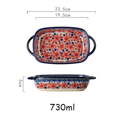 Retro Ceramic Bakeware Household Hand Painted Salad Plate Rice Bowl Binaural Baking Pan Kitchen Tableware Single Handle Bowl ShopOnlyDeal