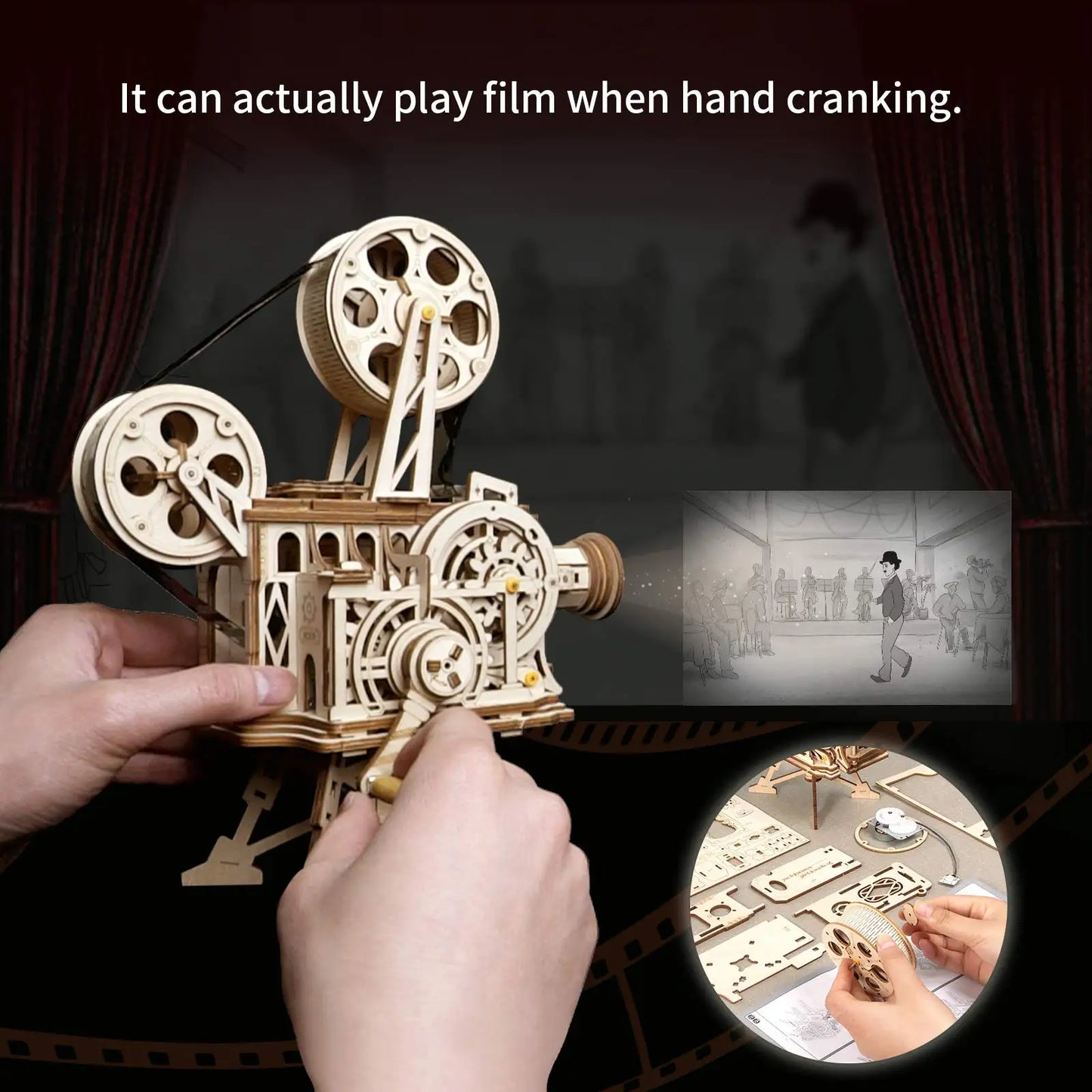 3D Hand Crank Film Projector 183pcs Retro Diy Wooden Model Building Kits Assembly Vitascope Toy Gift for Children Adult ShopOnlyDeal