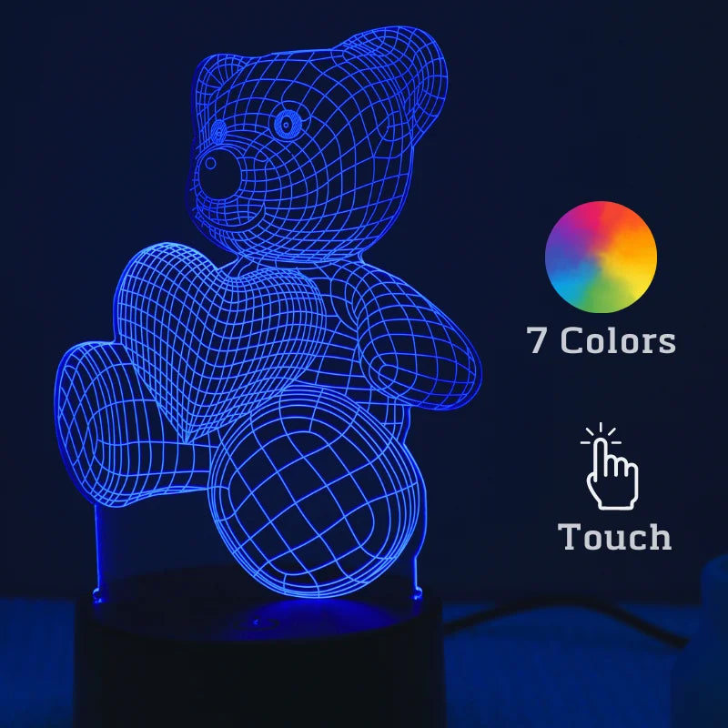 Romantic Love Dream Bear Kids 3D Night Light Touch Bedside Lantern USB Wireless Desktop Acrylic LED Decorative Table Lamp Gift ShopOnlyDeal