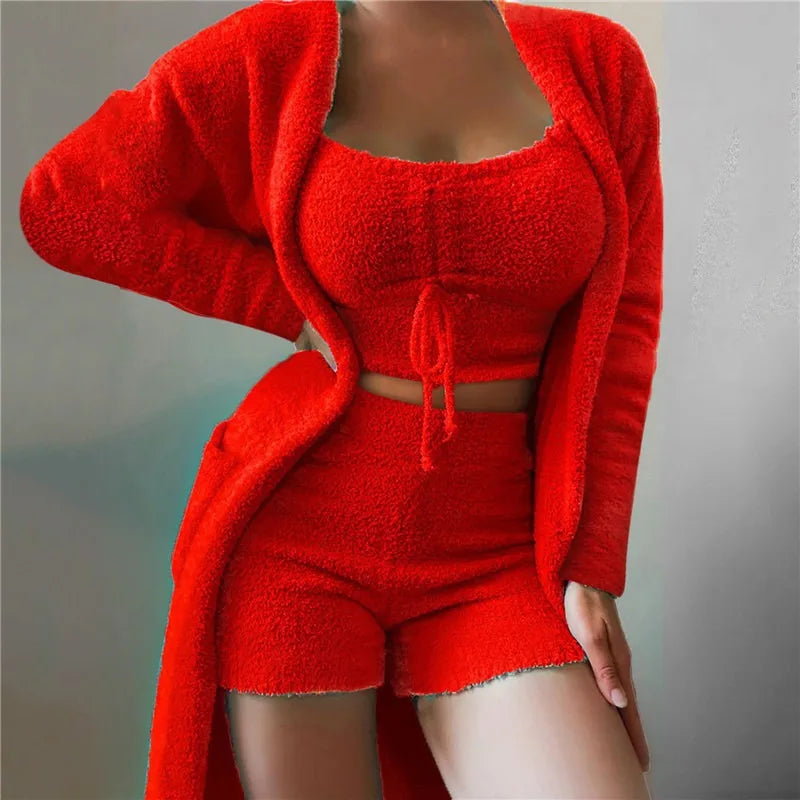 Autumn Winter Women's Velvet Pajamas S-3XL Set Crop Top+Short Pants+Coat 3 Pieces Suit Warm Soft Fleece Homewear Pyjamas New ShopOnlyDeal