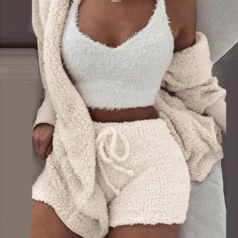 Autumn Winter Women's Velvet Pajamas S-3XL Set Crop Top+Short Pants+Coat 3 Pieces Suit Warm Soft Fleece Homewear Pyjamas New ShopOnlyDeal