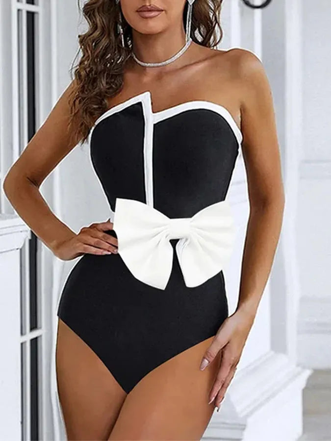 Fashion Female Black One-piece Swimsuit Waist White Edge Bow Tight Sexy Wrap Chest And Long Skirt Cover Up 2023 Newest Style ShopOnlyDeal