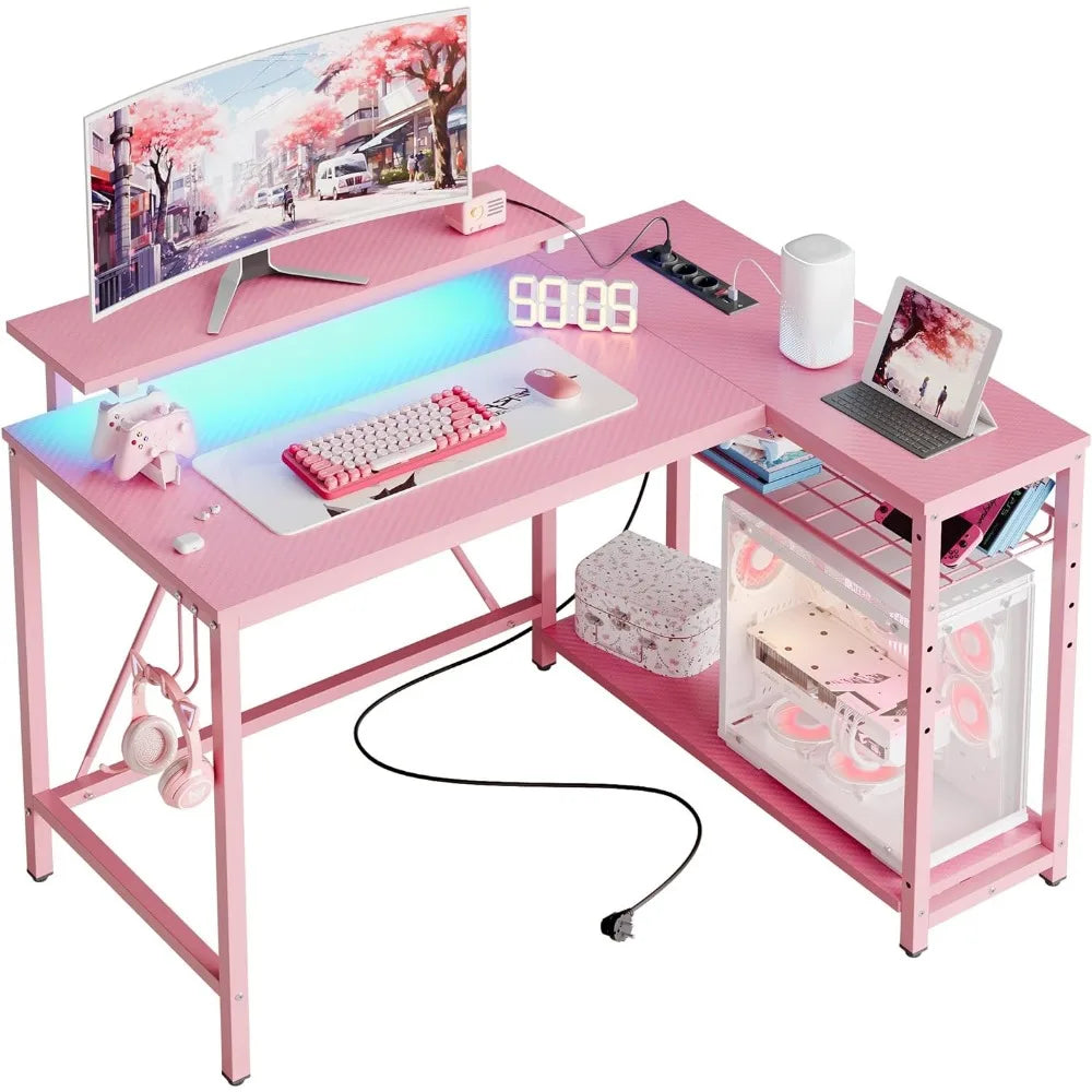 Gaming Desk with Power Outlets,42 LED Small Corner Computer Desk Reversible Storage,L Shaped Desk with Desk,Pink Carbon Fiber ShopOnlyDeal