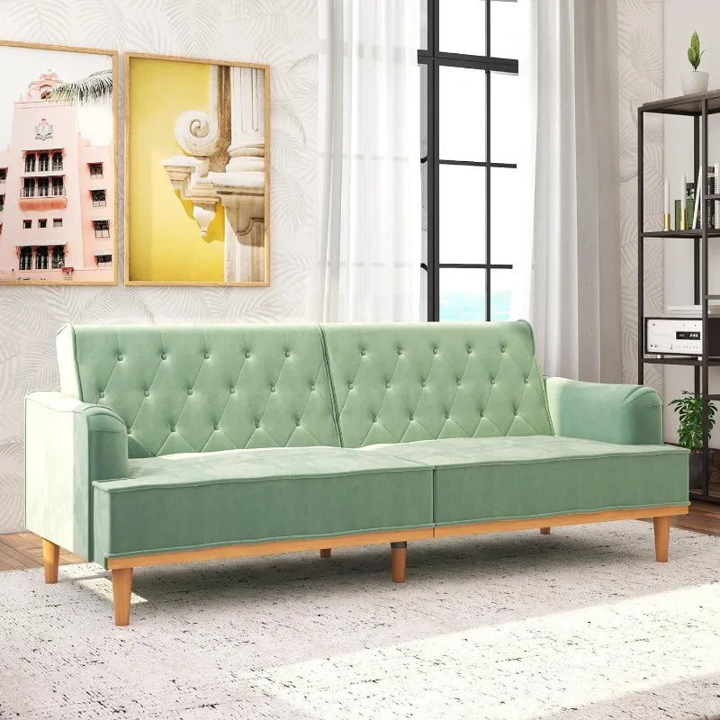 Vintage Convertible Sofa Bed Futon, Velvet Sleeper Sofa Tufted Couch Bed with Adjustable Armrests for Apartment ShopOnlyDeal