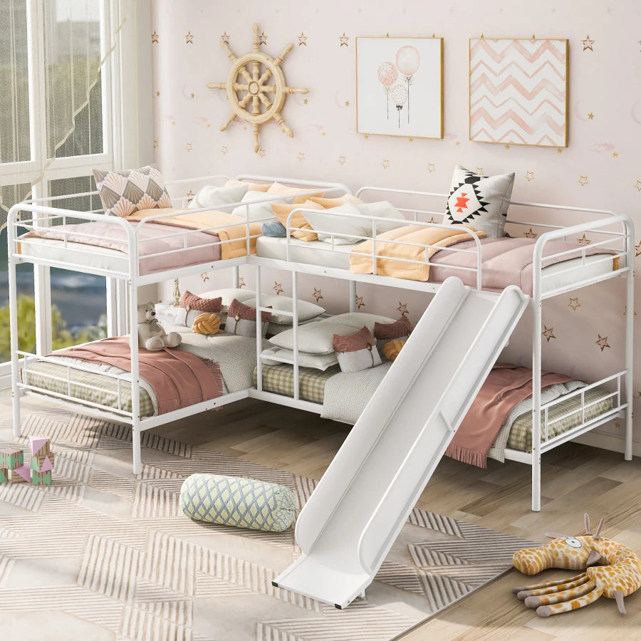 Twin Size L-Shaped Bunk Bed with Slide and Ladder, White ShopOnlyDeal