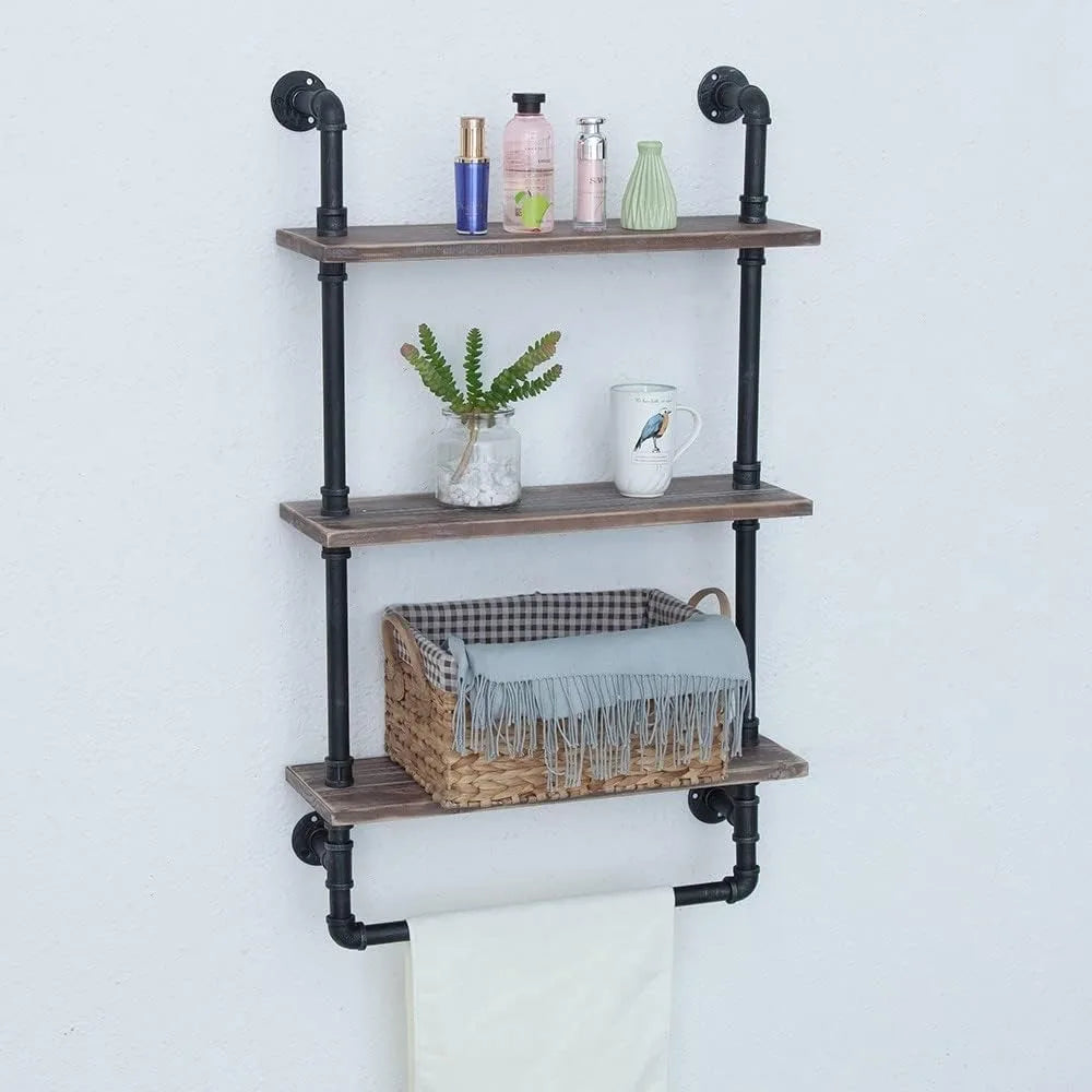 Industrial Wood Bathroom Shelf Over Toilet with Towel Bar | 24in Pipe Shelves | Wall Mounted Shower Organizer ShopOnlyDeal