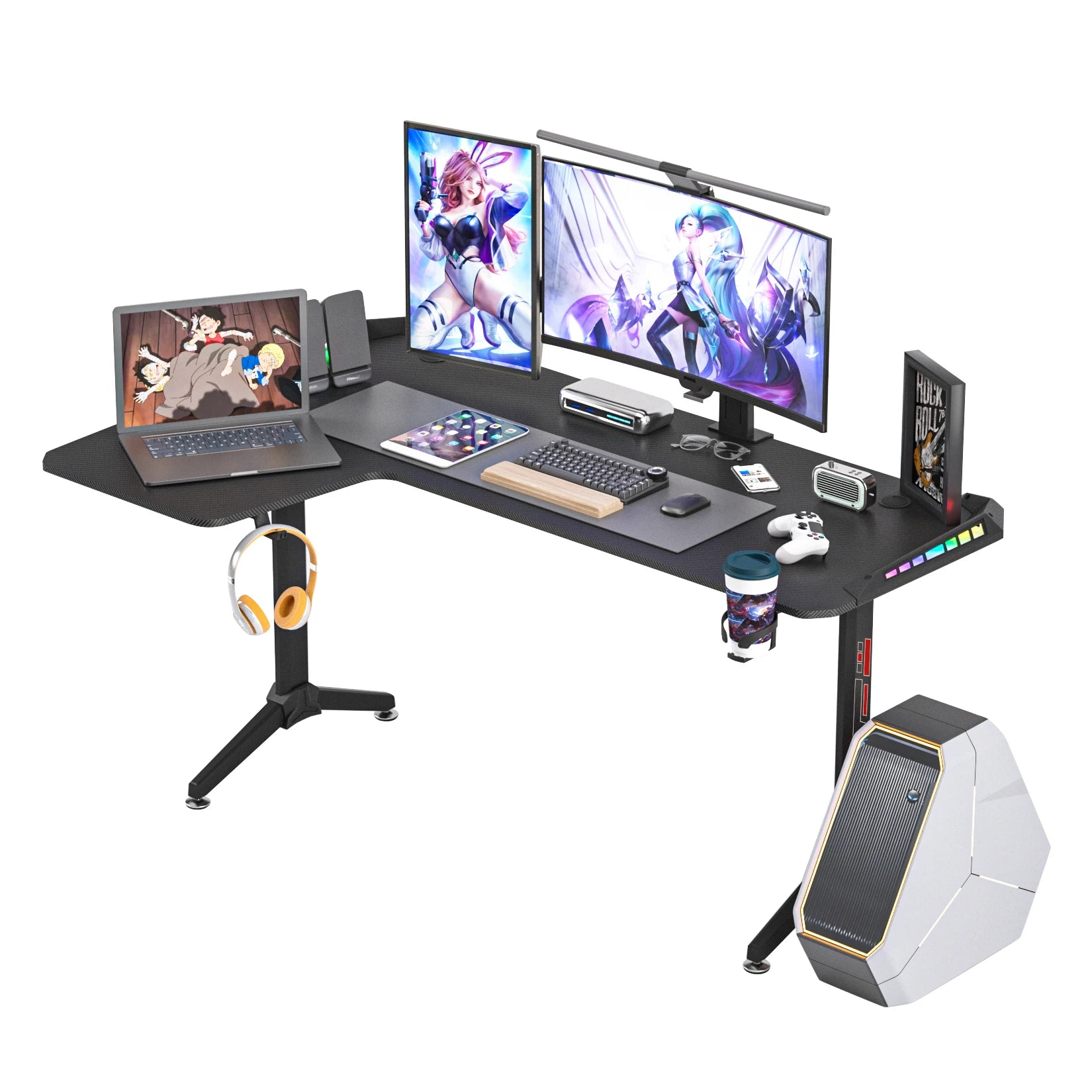 Large Standing Desk L Shaped, 60 Inch Gaming Desk, Rising Sit Stand Up Corner Desk with RGB LED Lights for Computer Home Office ShopOnlyDeal