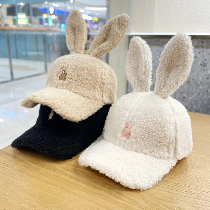 Casual Cute Rabbit Ears Baseball Cap Fall and Winter Show Face Small Hundred with Lamb's Wool Duck Tongue Hat Warm Rebound Cap ShopOnlyDeal