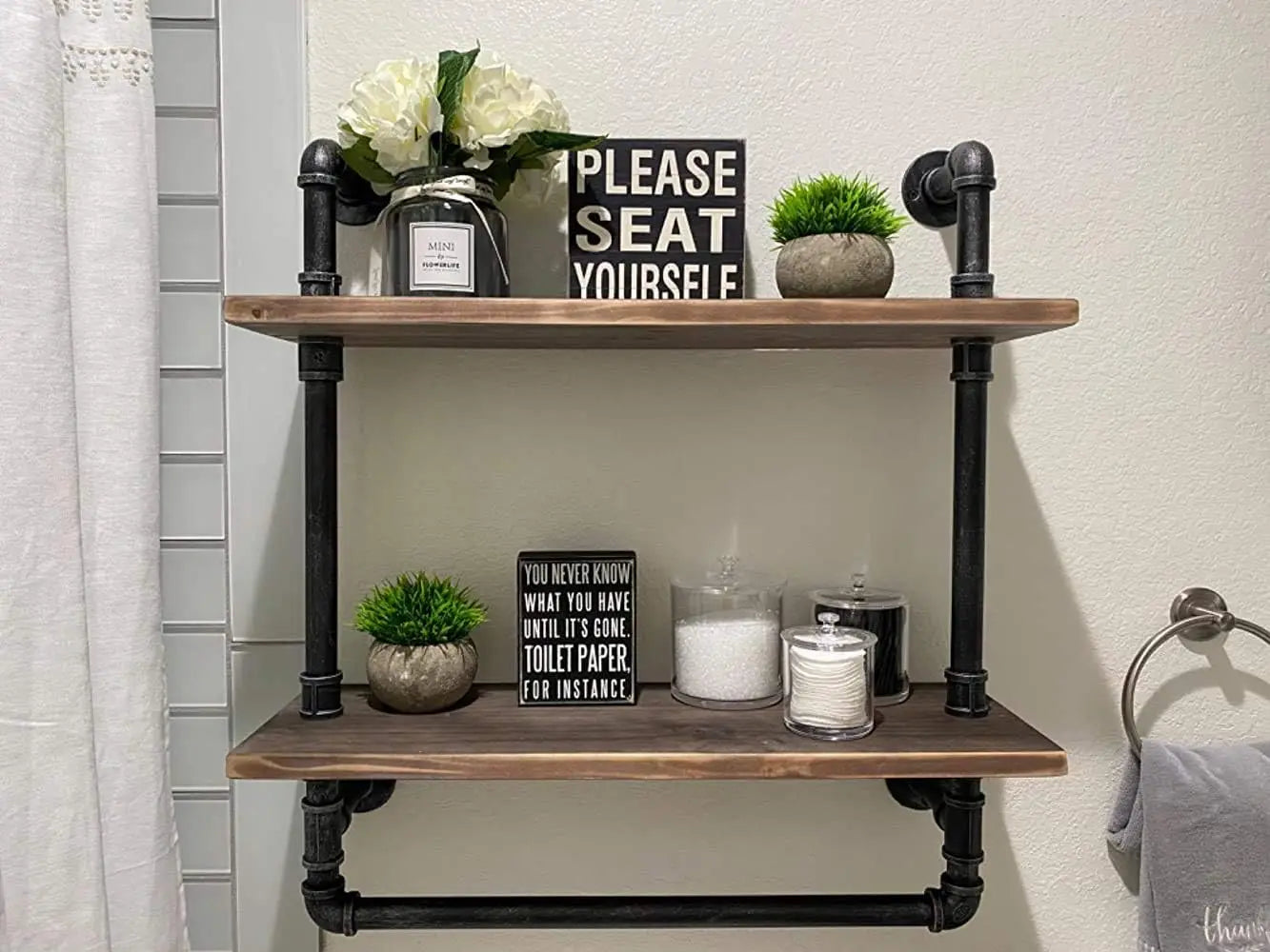 Industrial Wood Bathroom Shelf Over Toilet with Towel Bar | 24in Pipe Shelves | Wall Mounted Shower Organizer ShopOnlyDeal