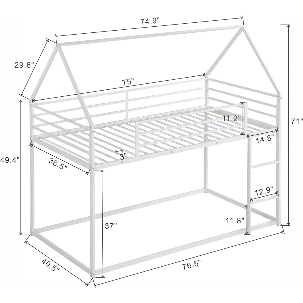 Twin Over Twin Junior Metal Floor Bunk Bed | House Frame Design with Ladder & Roof | Ideal for Kids, Boys & Girls ShopOnlyDeal