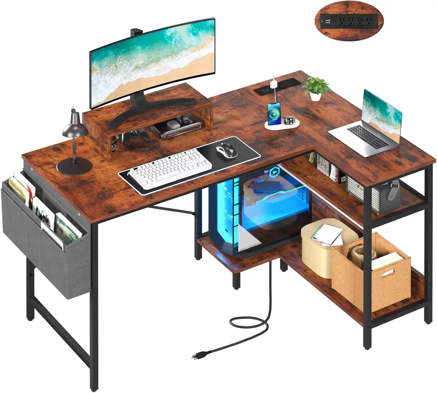 L-Shaped Desk - 47 Inch Computer Desk with Outlets & USB Ports, Home Office Desk with Monitor Stand, Corner Desk for Home Office ShopOnlyDeal
