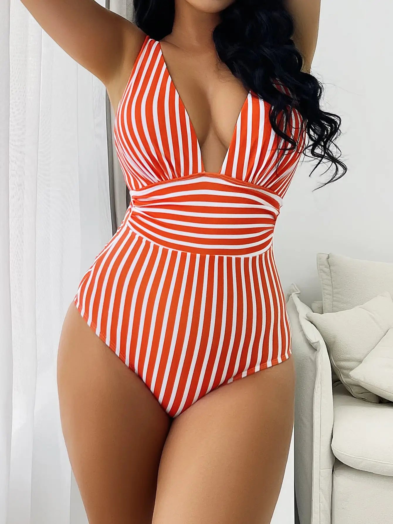 Striped One Piece Swimsuit Vintage Swimwear Women V-neck Bathing Swimming Suit Female Summer Beachwear Bodysuit ShopOnlyDeal