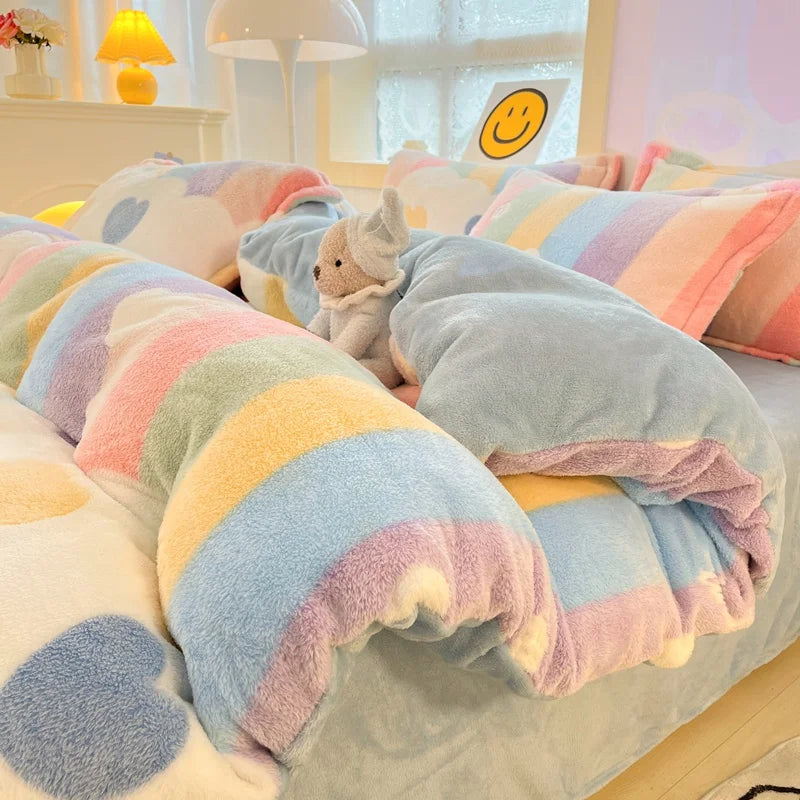 Luxury Autumn Winter Warm Thick Bedding Set Plush Kawaii Mink Velvet Queen Duvet Cover Set with Sheets Single Double Pillowcases ShopOnlyDeal