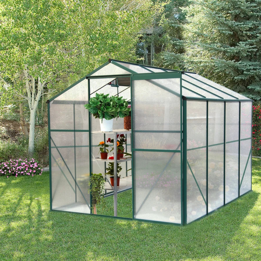 Outdoor Patio Greenhouse, Walk-in Polycarbonate Greenhouse with 2 Windows and Base,Aluminum Greenhouse with Sliding Door Green ShopOnlyDeal