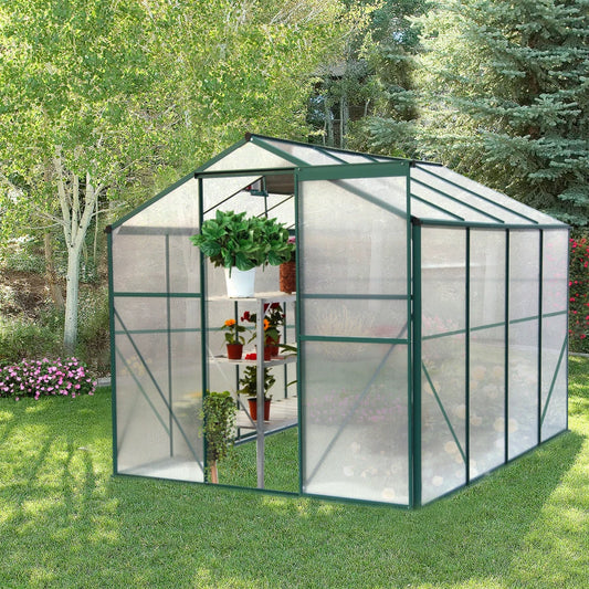 Outdoor Patio Greenhouse, Walk-in Polycarbonate Greenhouse with 2 Windows and Base,Aluminum Greenhouse with Sliding Door Green ShopOnlyDeal