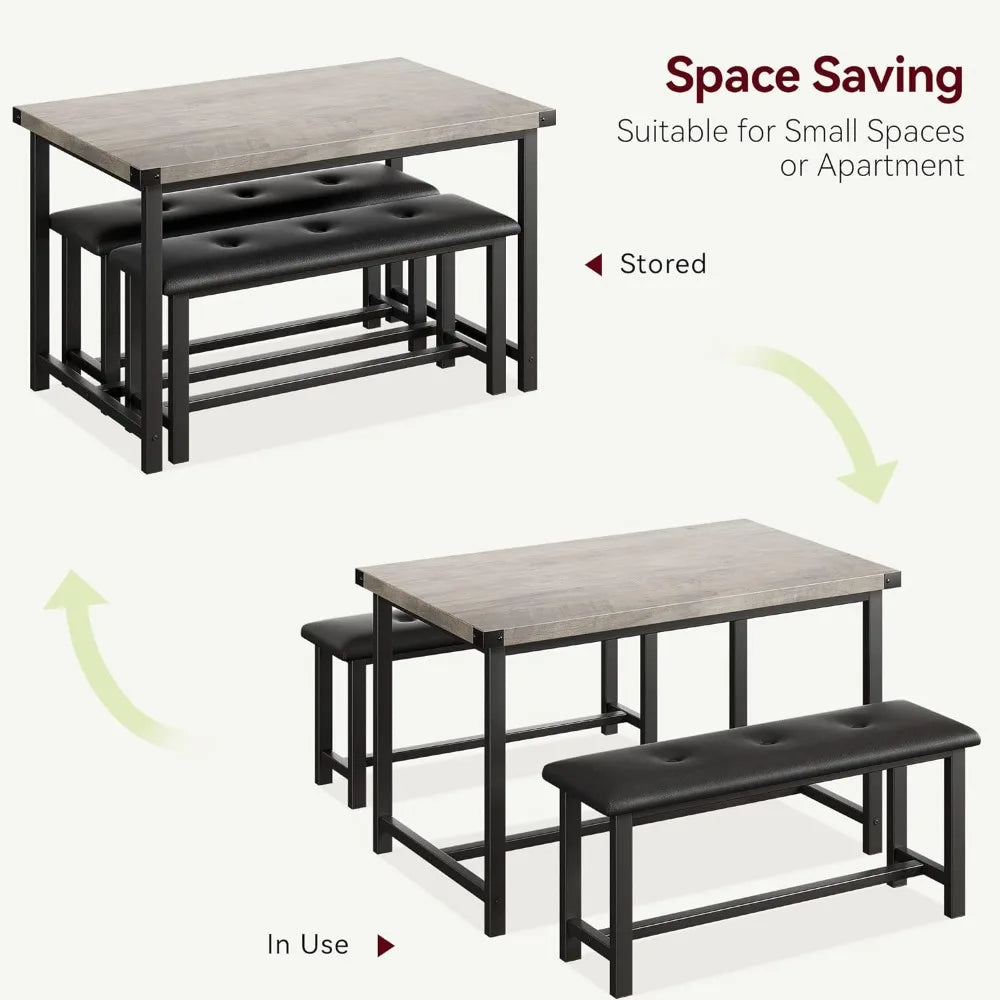 Dining Table Set for 4 - Kitchen Set with Upholstered Benches, 3 Piece Grey Dining Room Set ShopOnlyDeal