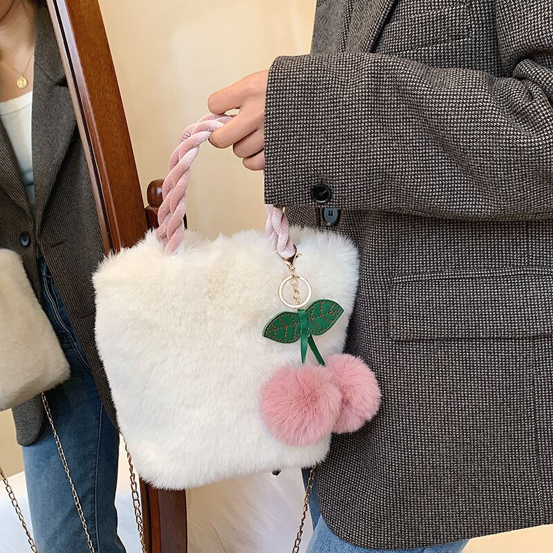 Plush Cherry Pendant Tote Bag Winter Bag Women Plush Clutch Fashion Faux Fur Totes Underarm Handbags Party Shoulder Bags Female Hand Purse ShopOnlyDeal