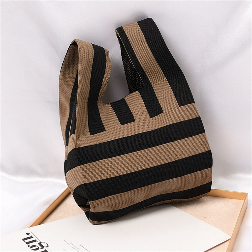 Knitted Tote Bag Wrist Bag Women Boho Bag Casual Shoulder Tote Bag Mini Plaid Knot Wrist Bag Female Reusable Shopping Bags Woven Handbag ShopOnlyDeal