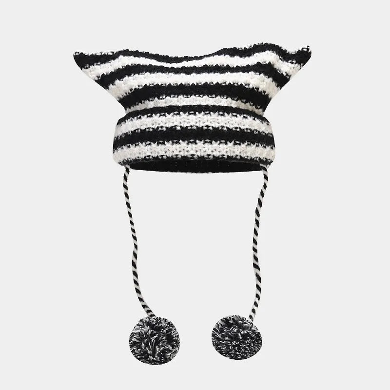 Japanese Streetwear Harajuku Beanie Little Devil Striped Knitted Hat Women Girls Autumn Winter Cute Cat Ears Cap ShopOnlyDeal