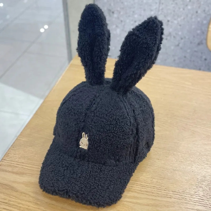 Casual Cute Rabbit Ears Baseball Cap - Fall and Winter Show Face Small Hundred with Lamb's Wool Duck Tongue Hat - Warm Rebound Cap ShopOnlyDeal