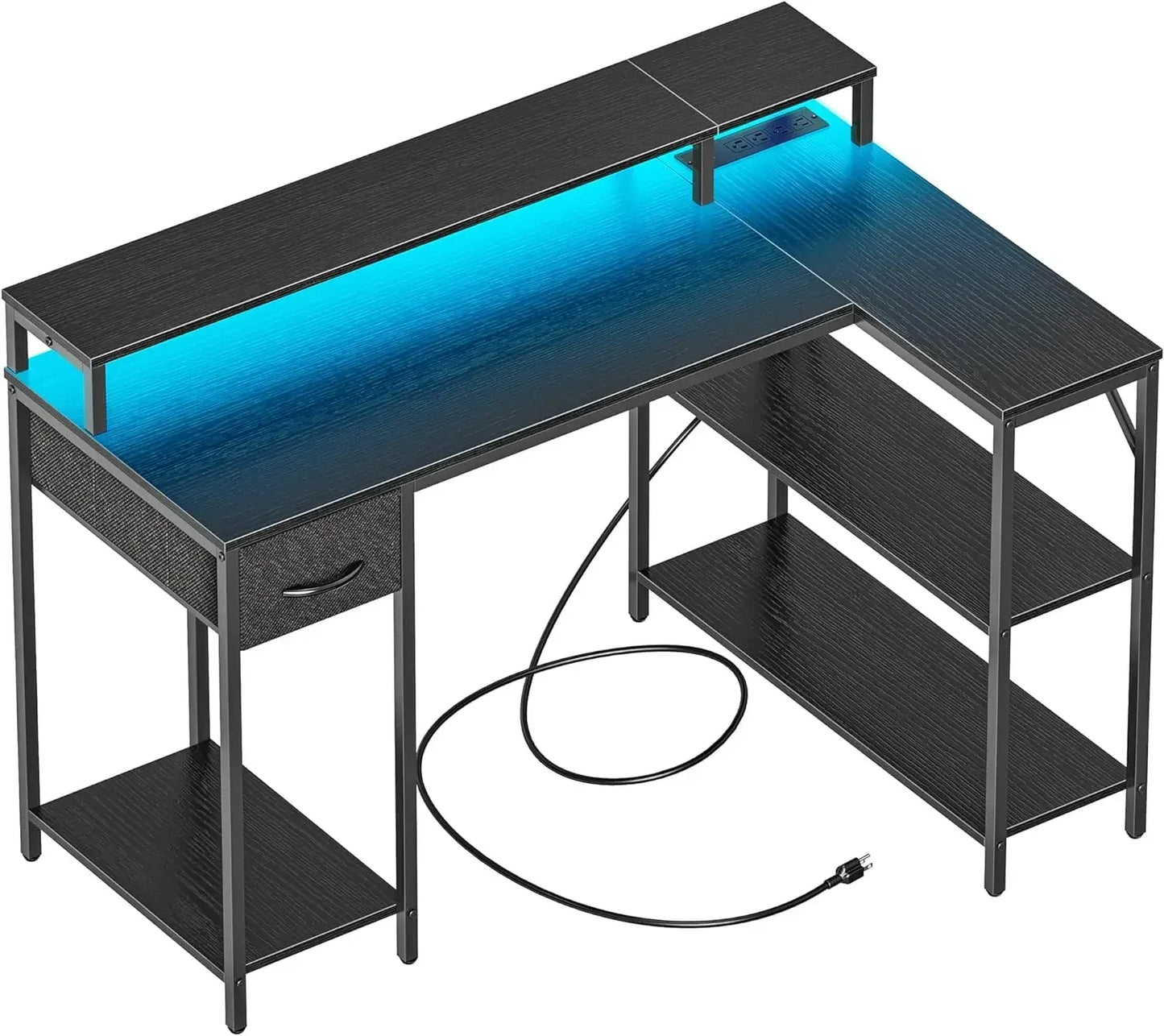 Ultimate Gaming and Workspace Fusion: L Shaped Gaming Desk with LED Lights, Power Outlets, Shelves, and Reversible Design - Your Versatile Home Office and Gaming Command Center ShopOnlyDeal