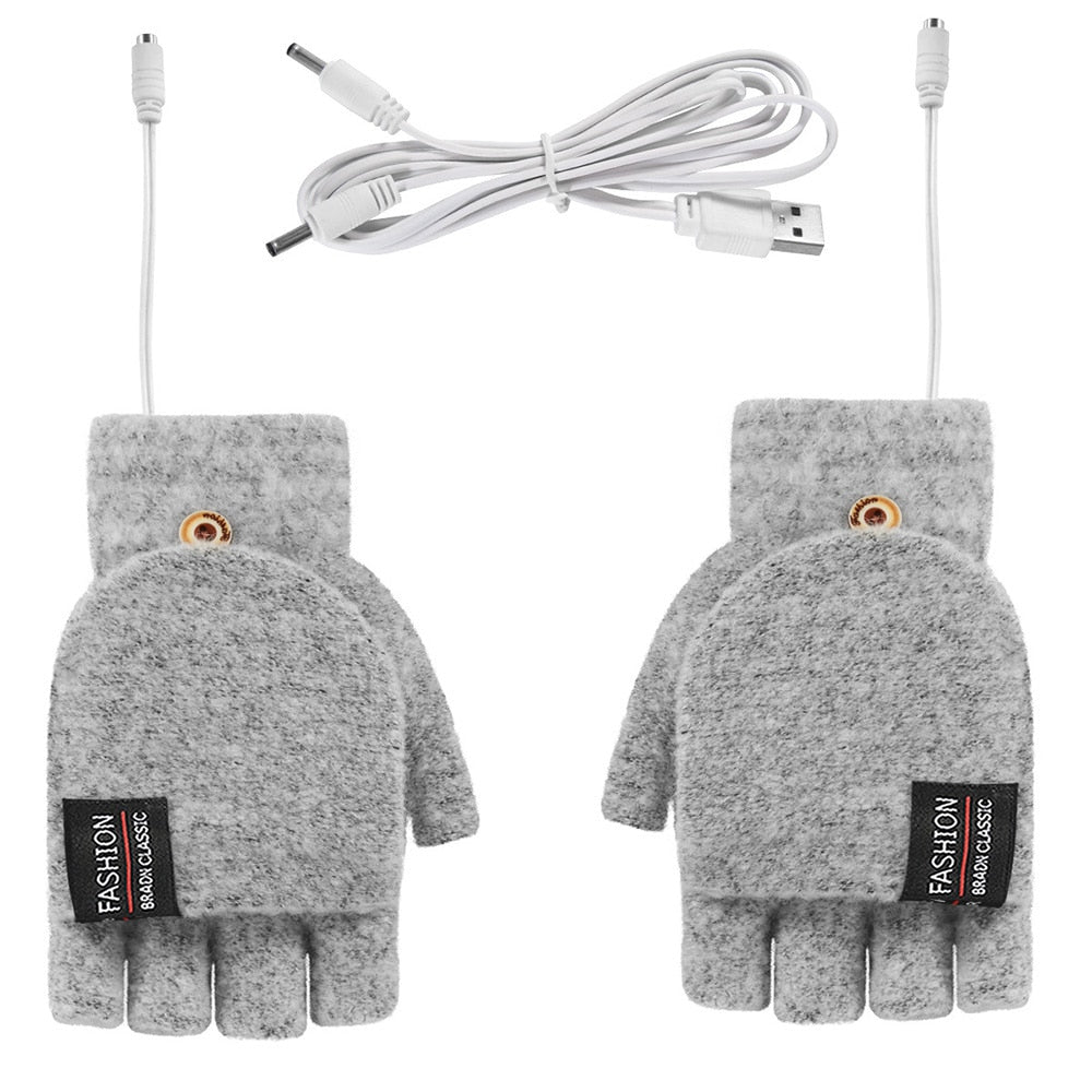 USB Electric Heated Gloves Cute One-Side Fingered Knitted Mittens Adjustable Heat Portable Hand Warmer Gloves Adjustable Warmers Cold Weather Heater Clothes ShopOnlyDeal