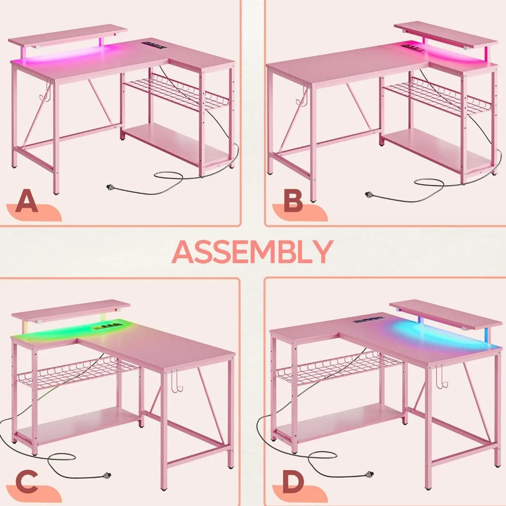 Gaming Desk with Power Outlets,42 LED Small Corner Computer Desk Reversible Storage,L Shaped Desk with Desk,Pink Carbon Fiber ShopOnlyDeal