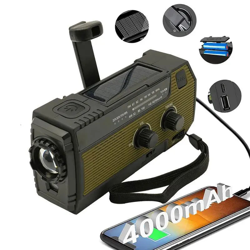 Portable Emergency Radio 4000mAh Solar Hand Crank Cell Phone Charger Radios AM/FM/NOAA LED Flashlight Outdoor Indoor Light Night ShopOnlyDeal