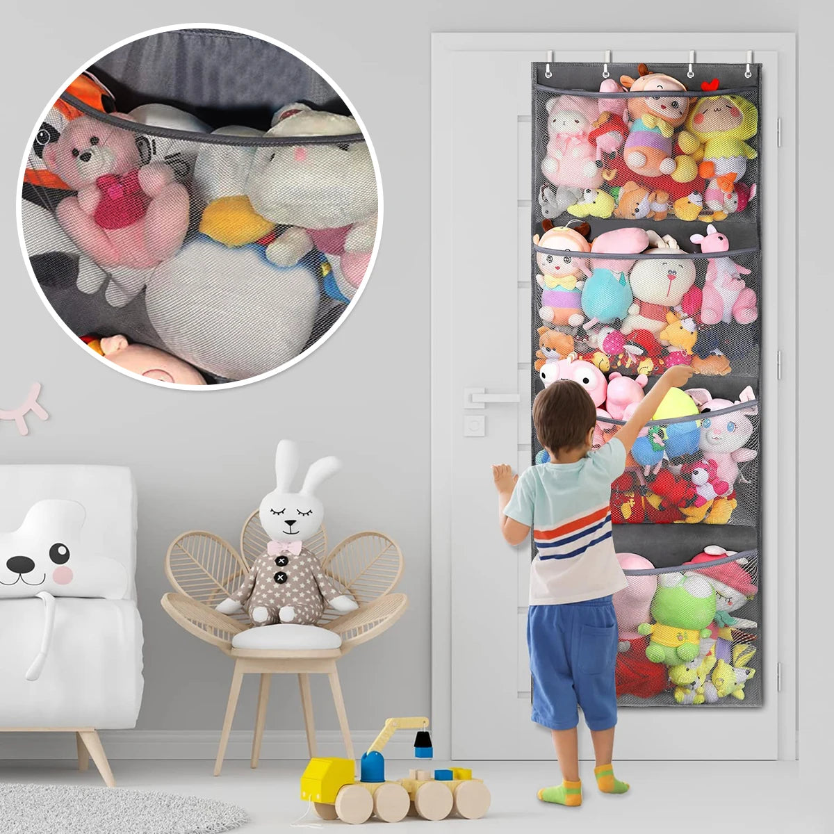 Over-The-Door Stuffed Storage Bag | Hanging Mesh Organizer with 4 Large Pockets | Plush Toy Storage for Kids ShopOnlyDeal