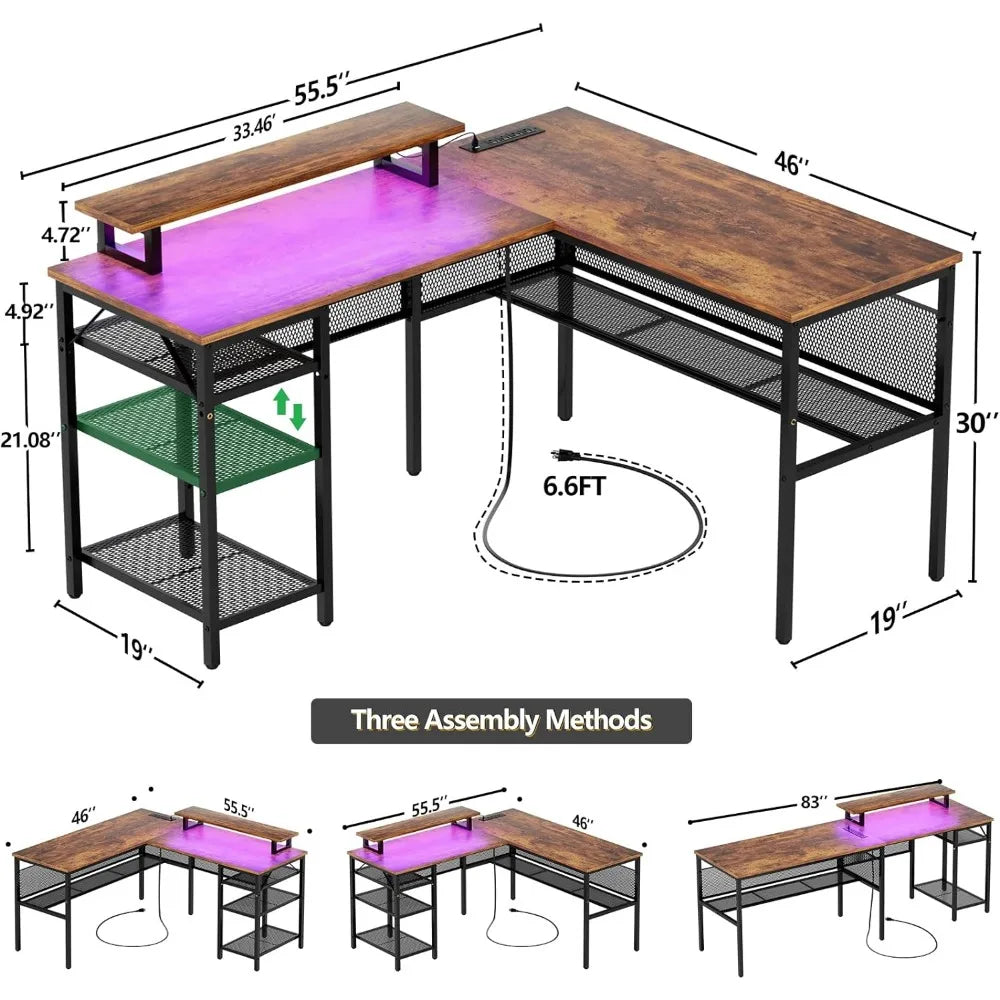 L-Shaped Desk with Magic Power Outlets, Smart Strip Light, and Monitor Stand - Reversible 55 Inch Corner Computer Desk in Brown ShopOnlyDeal