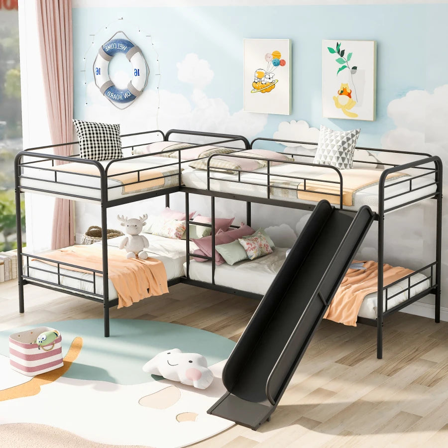 Twin Size L-Shaped Bunk Bed with Slide and Ladder, White ShopOnlyDeal