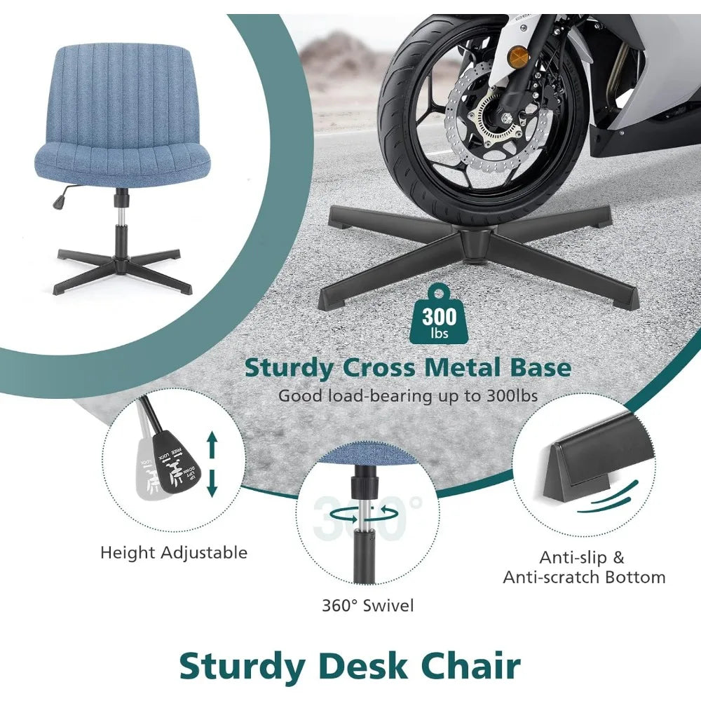 Blue Cross-Legged Armless Office Chair - Wide, Adjustable, Swivel, and Wheel-Free Home Desk Seating ShopOnlyDeal