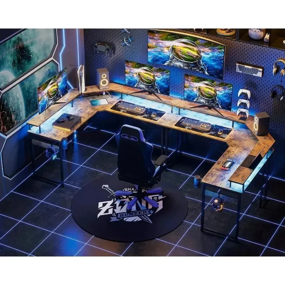 Gaming Powerhouse: 51" L Shaped Gaming Desk with LED Lights, Full Monitor Stand, and Integrated Power Outlets - Corner Desk with Cup Holder for Ultimate Gaming Setup ShopOnlyDeal