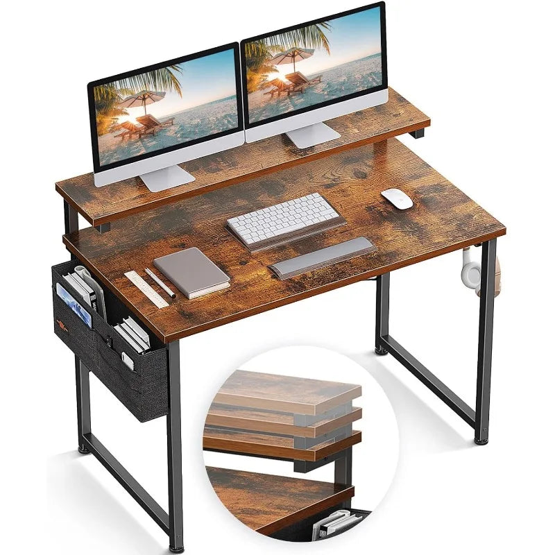 48-Inch Home Office Desk with Adjustable Monitor Shelves - Rustic Brown Writing Desk with Monitor Stand ShopOnlyDeal