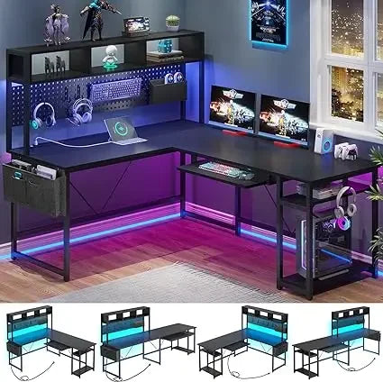 L-Shaped Gaming Desk | Reversible Computer Desk with Power Outlet & Pegboard | LED Lights & Keyboard Tray ShopOnlyDeal