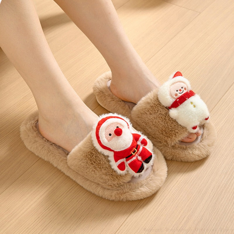 2023 Christmas Women'S Slippers Cute Cartoon Santa Claus Furry Slippers Wear Winter Soft Fluffy Home Slides Xmas Party Shoes ShopOnlyDeal