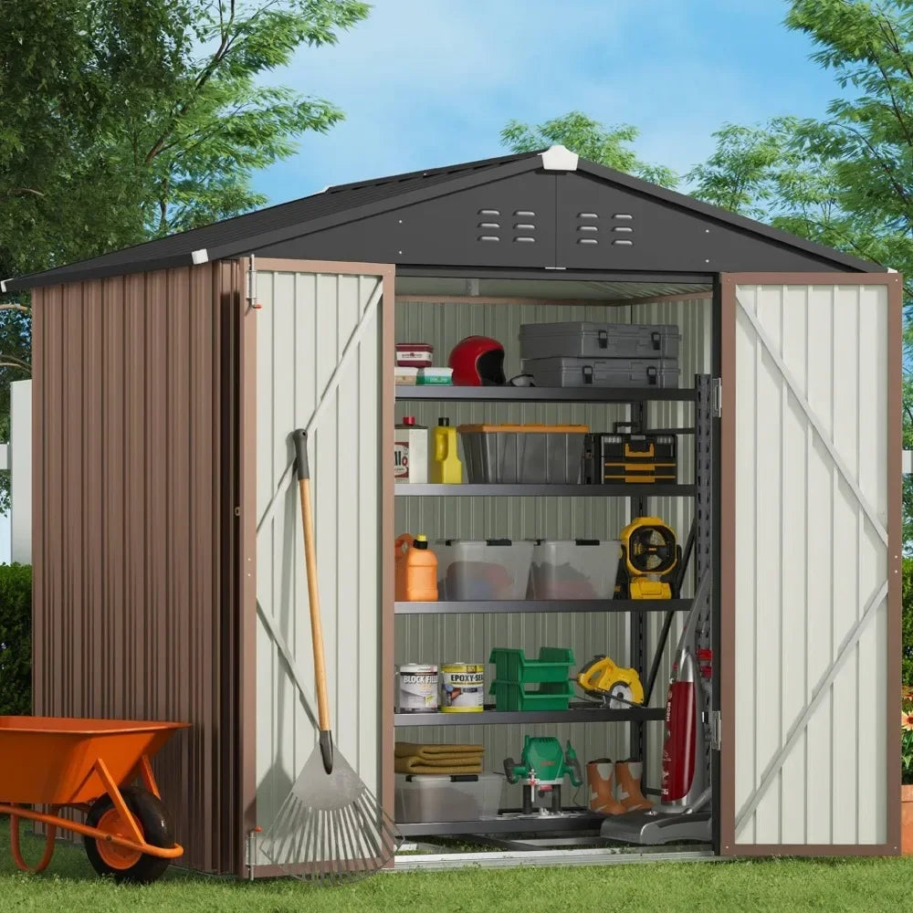 Outdoor Storage Shed 8 x 6 FT with Metal Base Frame, Galvanized Metal Garden Shed with Double Lockable Doors, Outdoor Storage ShopOnlyDeal