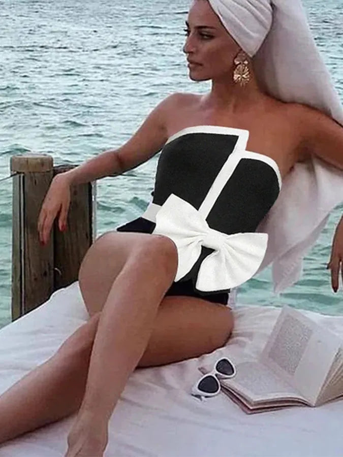 Fashion Female Black One-piece Swimsuit Waist White Edge Bow Tight Sexy Wrap Chest And Long Skirt Cover Up 2023 Newest Style ShopOnlyDeal