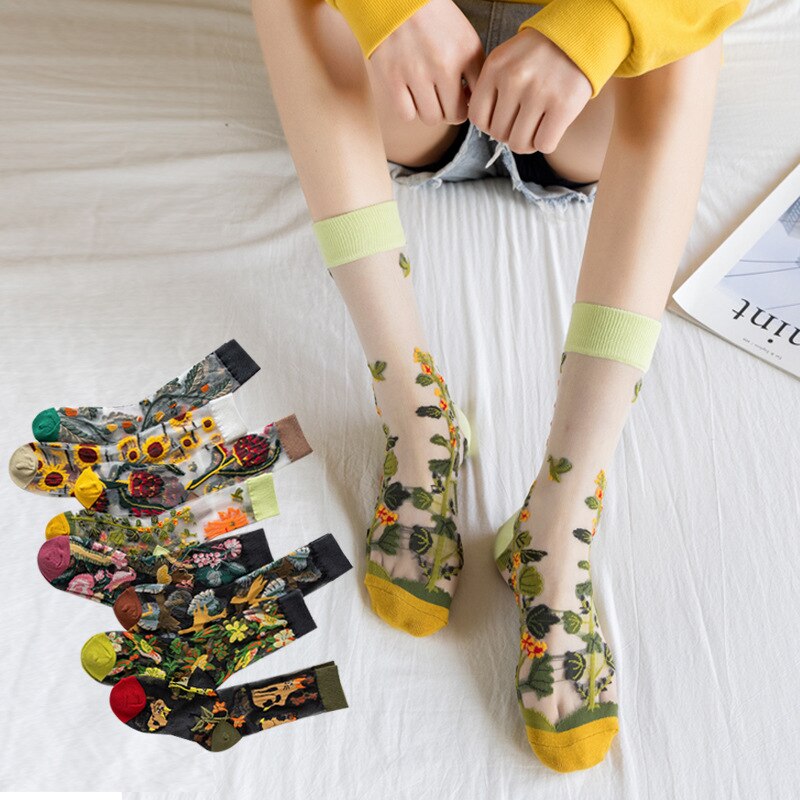 Girls Skirt Socks - Japanese and Korean Style Women's Summer Ultrathin Glass Jacquard Transparent Socks with Creative Fruits Silk Trend Print, Perfect for Trendsetters and Fashion-Forward Individuals! ShopOnlyDeal