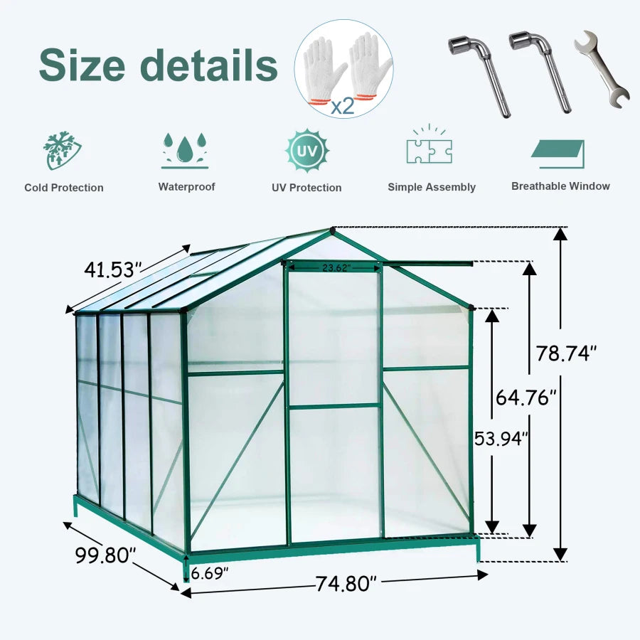 Outdoor Patio Greenhouse, Walk-in Polycarbonate Greenhouse with 2 Windows and Base,Aluminum Greenhouse with Sliding Door Green ShopOnlyDeal