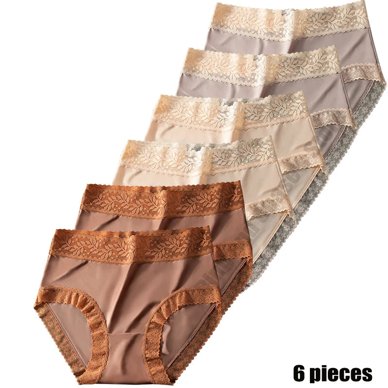 6pcs Women's Underwear Ice Silk Light Breathable Lace Briefs Sexy Silk Fabric Hip Lift smooth Soft Silky Panties ShopOnlyDeal