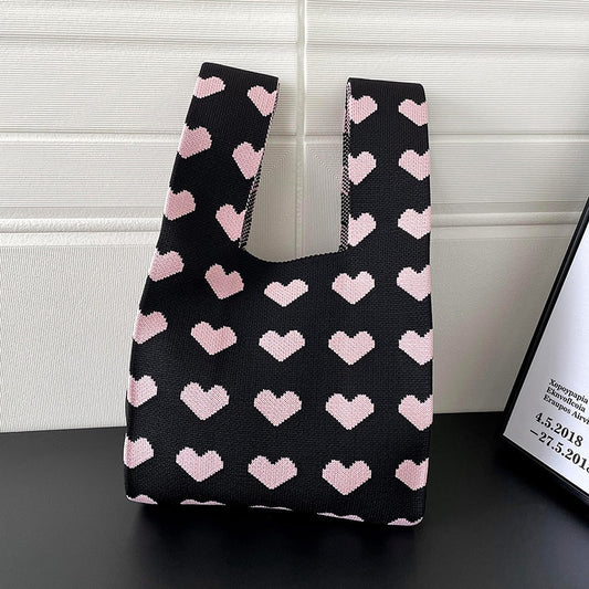 Knitted Love Hand Bag Personality Versatile Woven Wrist Bag Trendy Korean Women Mini Knot Tote Bag Student Reusable Shopping Bag ShopOnlyDeal